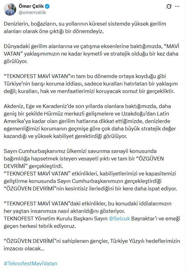 AK Parti'li Çelik'ten 'TEKNOFEST Mavi Vatan' paylaşımı