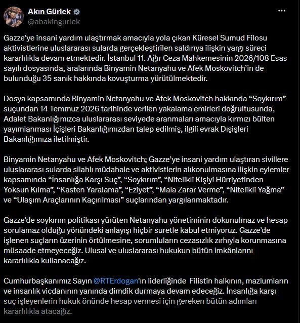 Bakan Gürlek: Netanyahu hakkında kırmızı bülten talep edildi