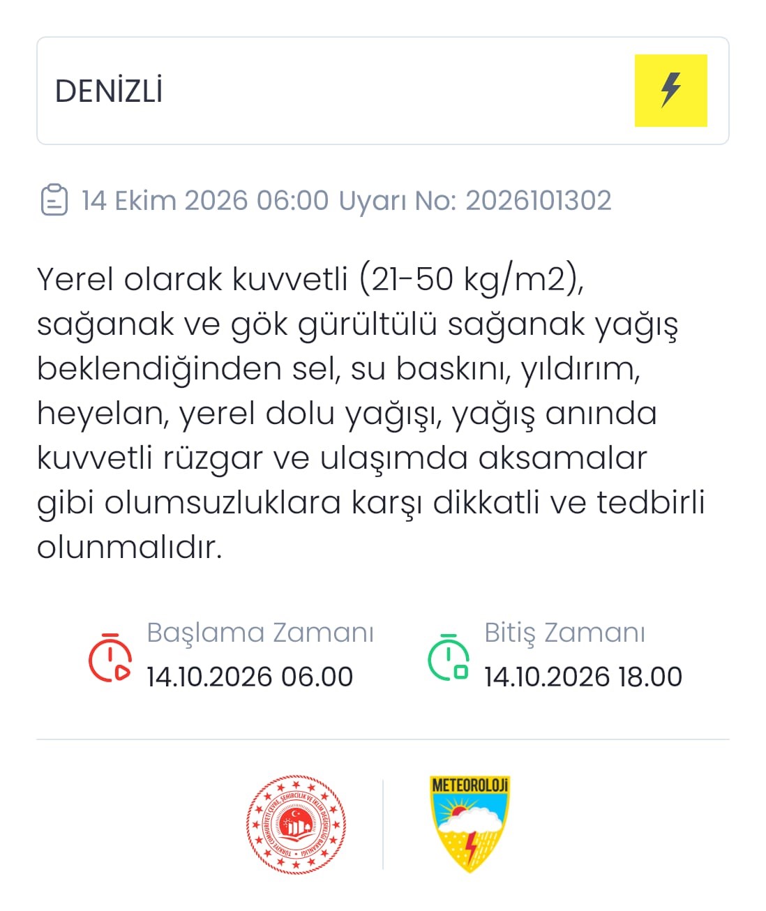 Denizli için kuvvetli yağış uyarısı
