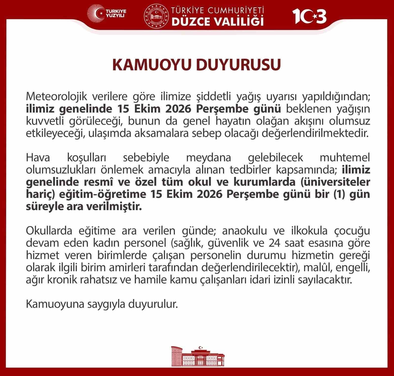 Düzce’de eğitime sağanak yağış engeli